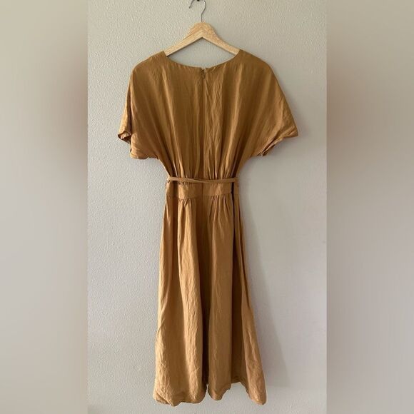 Madewell Linen Blend Tie Waist Short Sleeve Lightweight Midi Dress Neutral Camel - Picture 8 of 8